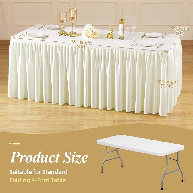 PARTISKY 1 Pack Ivory Tablecloths for Rectangle Tables 4ft, Wrinkle Resistant Spandex Table Cover Fitted Stretch Table Cloth with Pleated Ruffle Skirts for Party Banquet Dining Birthday Wedding