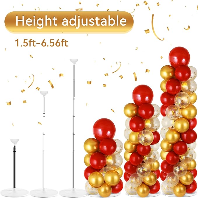 2 Sets Red Gold Balloon Column Stand Kit with 100 Balloons Adjustable Balloon Tower Stand with Bases for Floor Red Gold Confetti Balloon Column Kit for Valentine's Day Sport Birthday Wedding Party