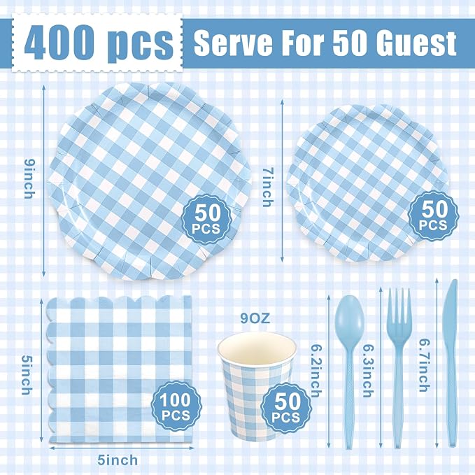 Funnymoom 400 Pcs Gingham Party Supplies for 50 Guests Light Blue and White Paper Plates and Napkins Knives Spoon Fork Cup Disposable Checkered Dinner Party Set Cutlery for Baby Shower Wedding Favor