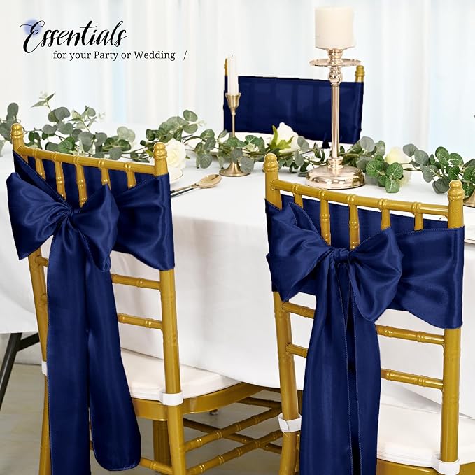 Pesonlook 60 PCS Navy Blue Satin Chair Sashes Bows Satin Chair Sashes Universal Chair Cover for Wedding Reception Restaurant Event Decoration Banquet,Party,Hotel Event Decorations (7 x 108 inch)