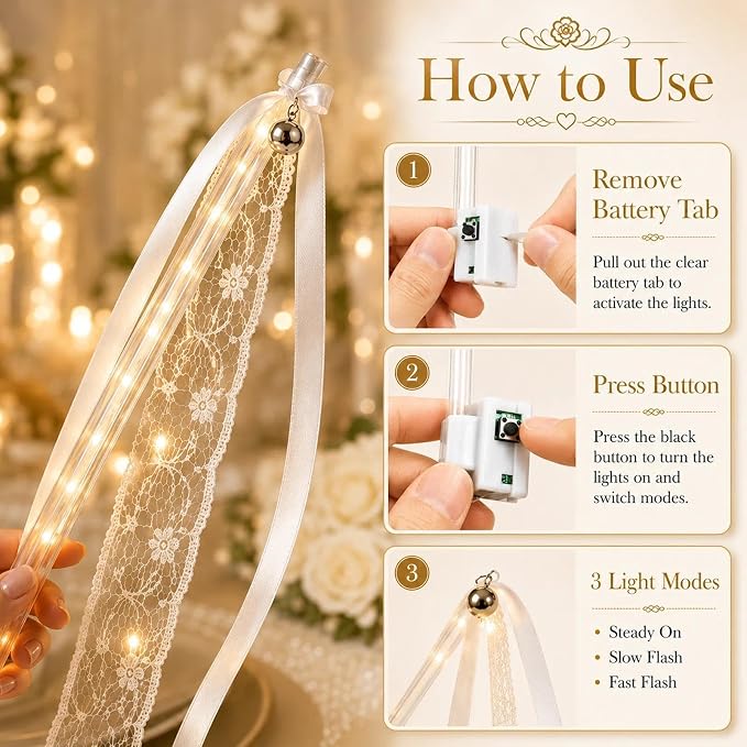 30 PCS Light Up Wedding Wands with Ribbons and Bells, Warm White LED Fairy Wands, 3 Light Modes Ribbon Streamers, Flameless Sparkler Alternative for Wedding, Bridal Shower, Birthday Party Favors
