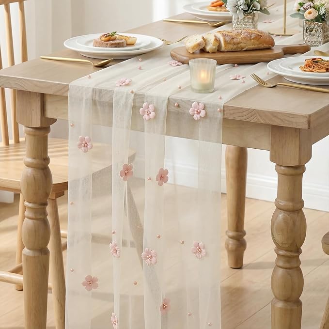 Artoid Mode Pink Flower Pearl White Gauze Table Runner 10FT, Seasonal Sheer Dining Holiday Wedding Birthday Baby Shower Table Decor for Home Party