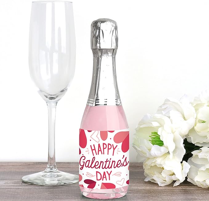 Big Dot of Happiness Happy Galentine’s Day - Mini Wine and Champagne Bottle Label Stickers - Valentine’s Day Party Favor Gift for Women and Men - Set of 16