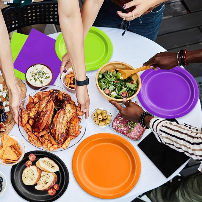 CMUSKO 60pcs Halloween Plates and Napkins - Black Orange Green Purple Tableware for Halloween Birthday Baby Shower Decorations