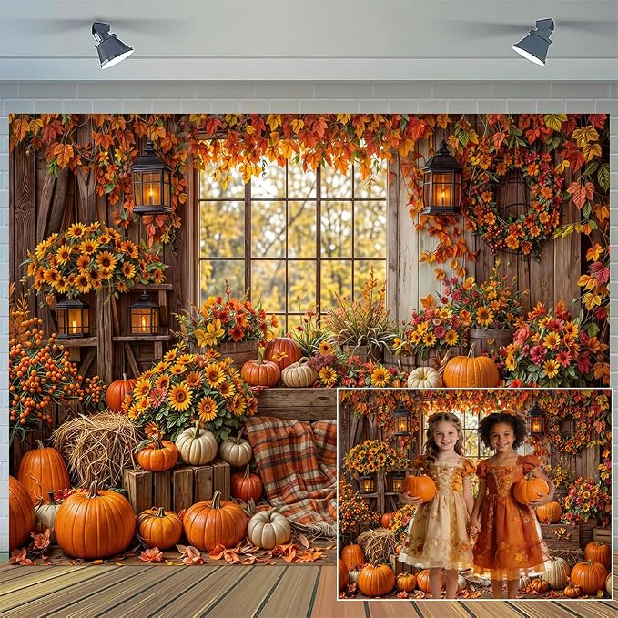 20 x 10 ft Fall Backdrop Autumn Rustic Wooden Floor Barn Window Pumpkin Maple Leaves Sunflower Background Thanksgiving Farm Harvest Photoshoot Portrait Photo Backdrops Decorations
