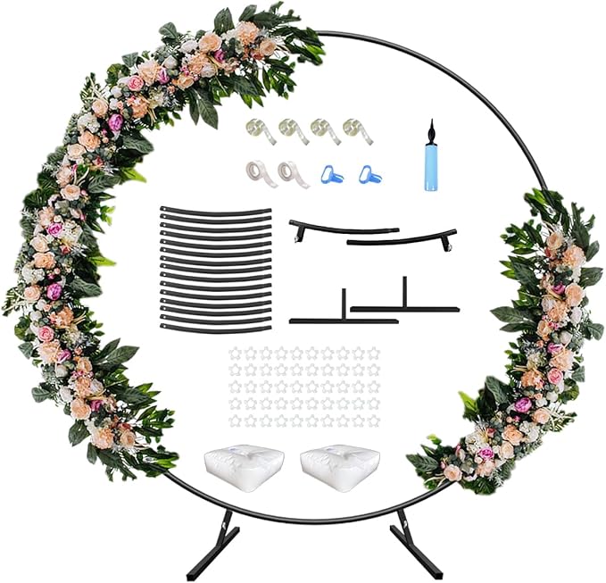 7 Ft Round Wedding Arch Stand with Metal Base for Flower Balloon Decoration, Circle Backdrop Stand Frame for Ceremony, Birthday Party, Baby Shower, Black
