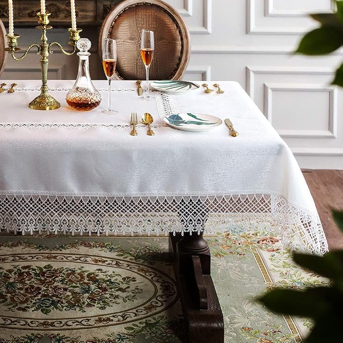 ARTABLE Lace Table Cloths Rectangle Fall Antique Flower Decor Macrame Tablecloth for Outdoor Farmhouse Rustic Kitchen Party Birthday Picnic (White-2, 60 x 84 Inch)