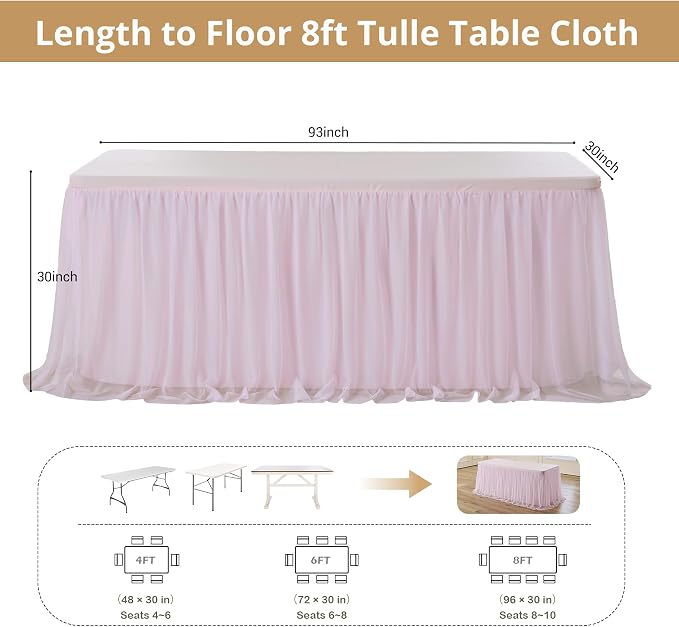 leegleri 2 pk 8ft Light Pink Tulle Tablecloth for Rectangle Tables, 2-in-1 Table Covers with Tulle Skirt,Wrinkle Free Stretchy Ruffle Tulle Table Cloths Fitted for Wedding Party Banquet Vendor