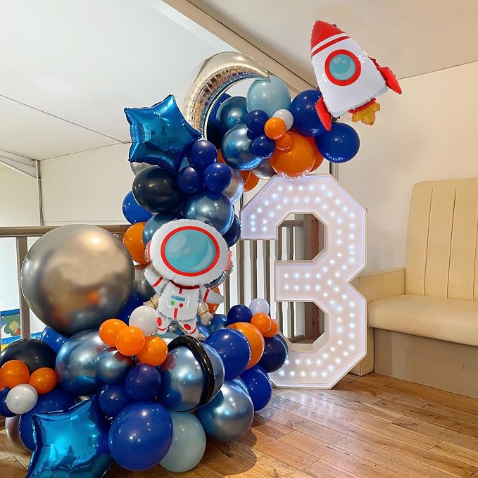 Outer Space Birthday Party Decorations 146Pcs Astronaut Balloon Arch Garland Kit, UFO Rocket Astronaut Foil Balloons, Navy Blue Metallic Silver Blue Balloons for Kids Boys Space Theme Party Decor
