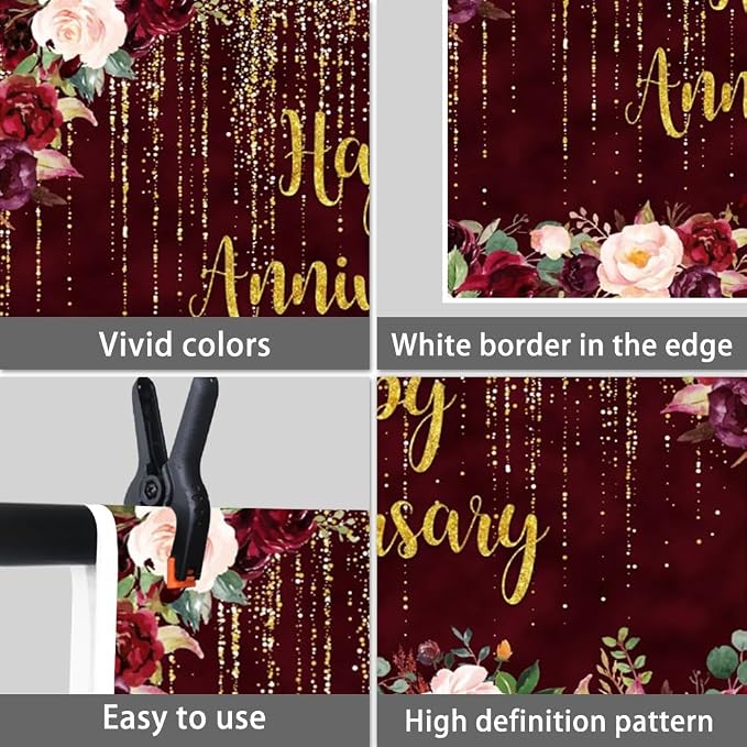 10x7ft Happy Anniversary Backdrop, Gold Glitter Burgundy Wedding Anniversary Photography Background 1st 40th 50th 69th Couple Wedding Women Birthday Floral Party Decorations Cake Table Decor