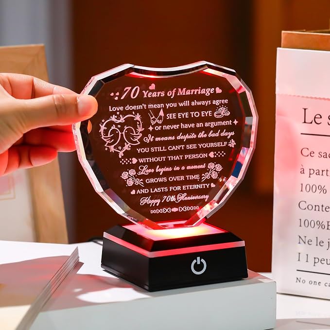 Arikyrist 70th Wedding Anniversary Crystal Heart Gifts for Couple, Laser Engraved 70 Year Anniversary Crystal Gifts for Wife Husband Parents, Romantic 70 Years of Marriage Gift for Him Her Friends