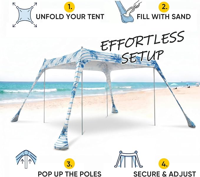 Sekey Aluminum Beach Shade Sun Shelter UPF 50+ - 10x10 FT Portable Beach Canopy with Windproof Rope & Stability Poles, Easy Setup Outdoor Tent for Camping, Backyard, Fishing, Picnics