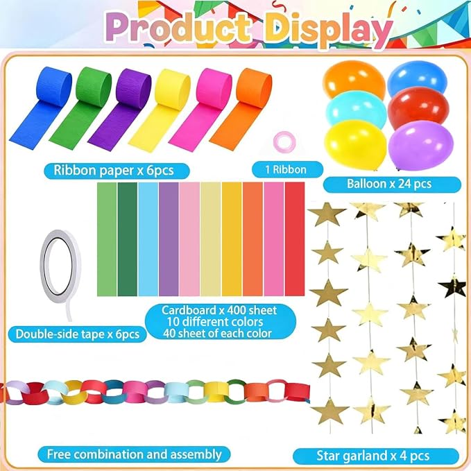 Rainbow Paper Chain Garland Party Decorations Include 400 Sheet Paper Chain Strips,492ft Crepe Paper Streamers,52ft Star Strips Hanging,24 Balloons for Kid's Birthday Wedding Party Supplies