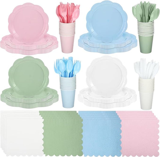 Qinyoung 388 Pcs Pastel Rainbow Plates and Napkins Party Supplies Tableware Include Disposable Scalloped Plate Paper Napkin Cup Plastic Cutlery for Baby Shower Gender Reveal Birthday Party, 48 Sets