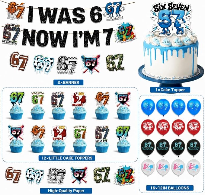 6 7 Birthday Decorations Set, I Was 6 Now I'm 7 Banner 12 Cupcake Toppers &16 Balloons, Cool Blue & Black Transition Theme 6 to 7 Birthday Party Supplies Set