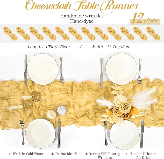 12 Packs Gold Table Runner, Charming Cheesecloth Table Runner 17 x 108inch, Gauze Boho Wedding Decoration Rustic Sheer Fabric Cheese Cloth Table Runners for Wedding Party Bridal Shower