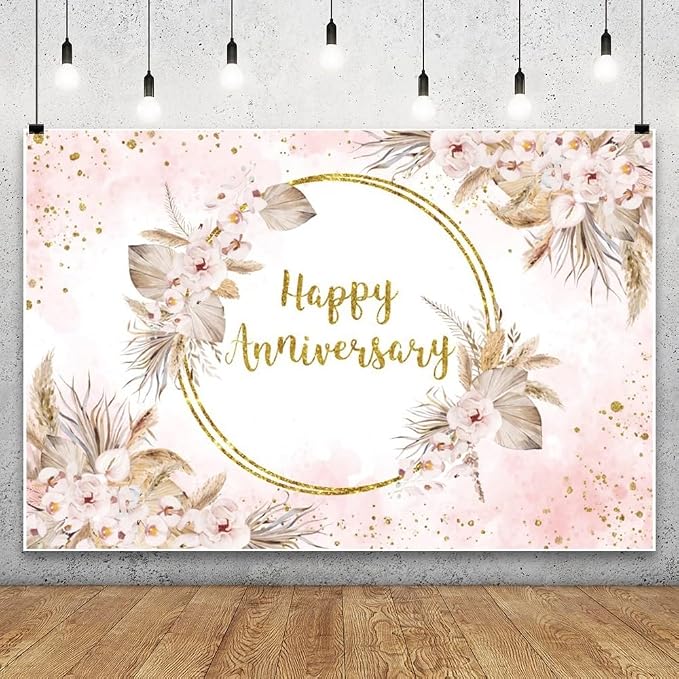 10x7ft Boho Happy Anniversary Backdrop Bohemia Pampas Grass Floral Engagement Banner Cheers to Wedding Anniversary Bridal Shower Party Decorations Blush Pink Floral Photography Background