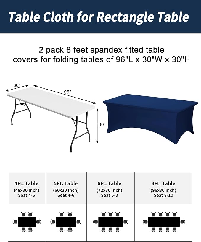 Fixwal Navy Blue Tablecloths for 8 Foot Rectangle Tables, 2 Pack Spandex Stretch Fitted Table Covers for Party, Trade Show, Banquet, Buffet, Graduation