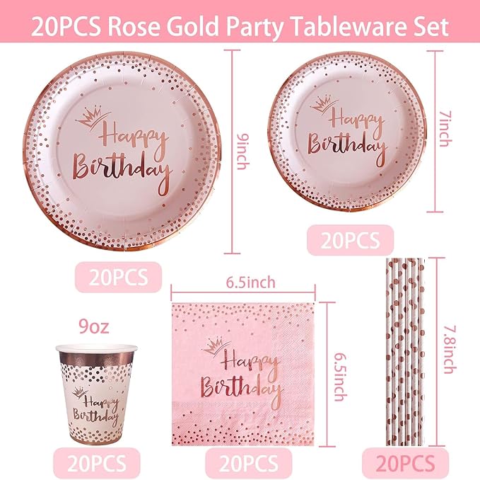 100 Pieces Pink Rose Gold Birthday Decorations Supplies Rose Gold Dessert Plates Napkins Cups for Women Birthday Disposable Party Favors