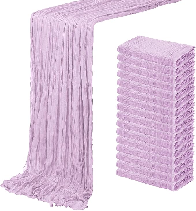 16 Pack Lavender Cheesecloth Table Runner 20 x 120 inch Gauze Table Runners 10 FT Long,Semi Sheer Boho Cheese Cloth Fabric Table Runner Bulk for Wedding,Party,Baby Shower,Bridal Shower Decoration