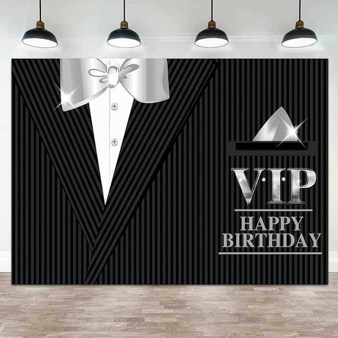 12x10ft Happy Birthday Backdrop VIP Photography Background Gentleman Black Tuxedo Suits White Shirts Silver Bow Tie Men Birthdays Party Banner Decorations Boys Kids Portrait Photo Booth Prop