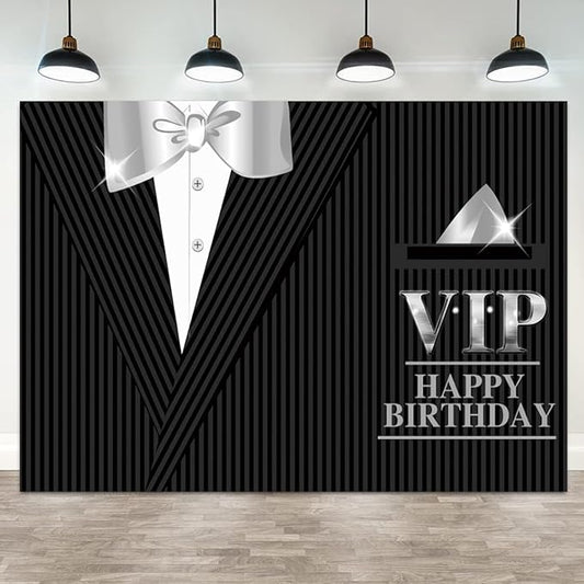 7x5ft Happy Birthday Backdrop VIP Photography Background Gentleman Black Tuxedo Suits White Shirts Silver Bow Tie Men Birthdays Party Banner Decorations Boys Kids Portrait Photo Booth Prop