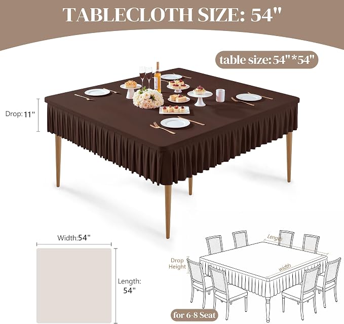 Wish Care Chocolate Spandex Tablecloths for 54x54 Inch Square Tables, Stretch Fitted Table Clothes with Pleated Ruffle Skirt for 54” Table, Wrinkle Free and Elastic, for Party Kitchen Home Dining