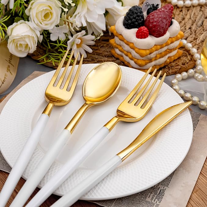 160Pcs White Gold Plastic Silverware Set, Disposable Gold Cutlery with 80 Forks, 40 Knives and 40 Spoons, Heavy Duty Utensils for Party, Wedding and Dinner
