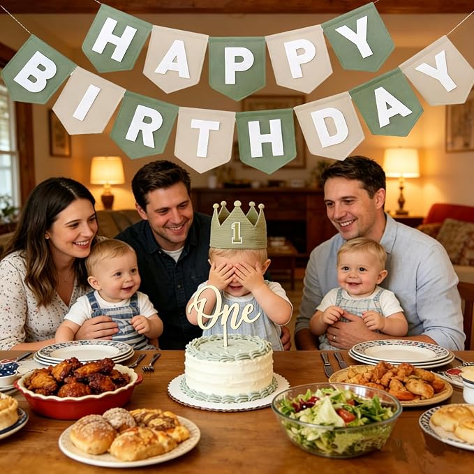 Sage Green 1st Birthday High Chair Decorations- First Birthday Banner Wild One Highchair banner 1st birthday boy with Tassels, Crown & One Cake Topper, Boho 1st Birthday Party Supplies photo props