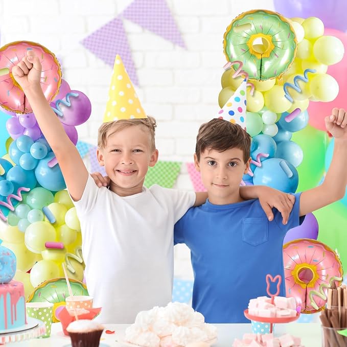 2 Sets Christmas Candy Doughnut Balloon Column Stand Kits Adjustable Macaron Colour Rainbow Balloons Ice Cream Balloon Column Kit Candy Sprinkle Doughnut Themed Tower Stand Kit for Birthday Kids Party