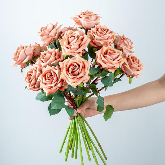 Ttranewsoo Fake Roses Faux Flowers Silk Roses 16.5In Artificial Roses with Stems Realistic Artificial Flowers Suitable for Indoor Home Decoration Diy Bouquet Wedding Decoration Party Decor 12PCS Khaki