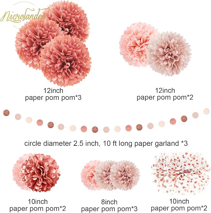 Rose Gold Wedding Decorations - 15 PCS Tissue Paper Pom Poms + 8 Rolls Rose Gold Crepe Paper Streamers for Engagement Party Wedding Birthday Bridal Shower Bachelorette