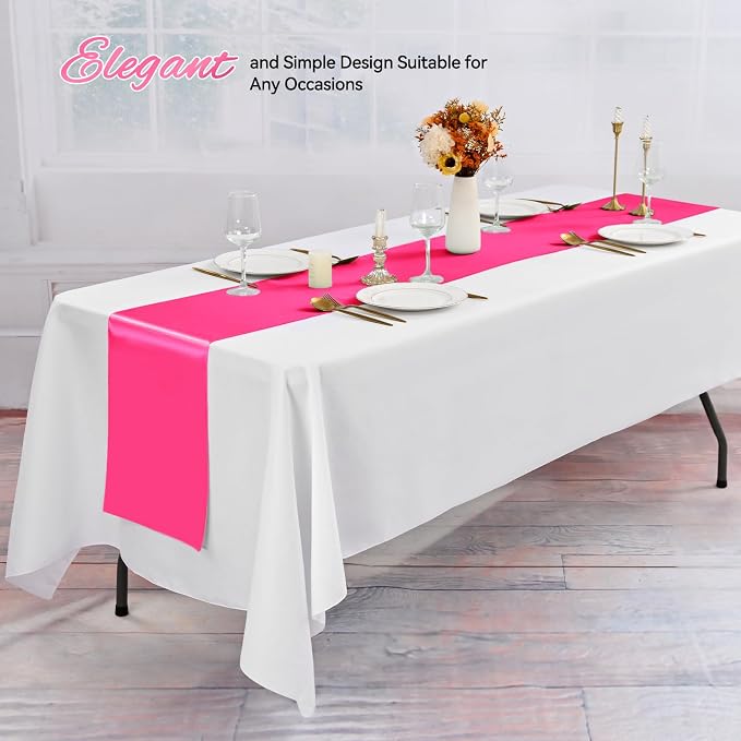 24 Pack Hot Pink Satin Table Runners 12 x 108 Inch Long Table Runners for Rectangle Round Tables,Smooth Satin Table Runner for Wedding,Birthday Party Banquets Graduation Engagements Decoration