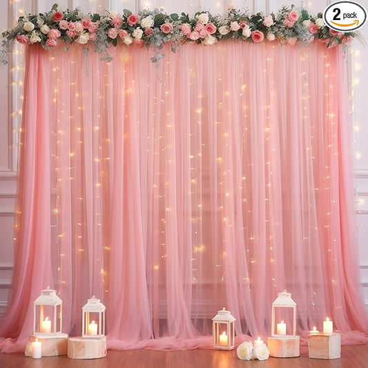 10x8ft Dusty Rose Tulle Backdrop Curtain with Lights String for Parites, Sheer Photo Backdrop Drapes with Lights for Wedding Backdrop Ceremony Reception Bridal Shower Baby Shower Birthday Party