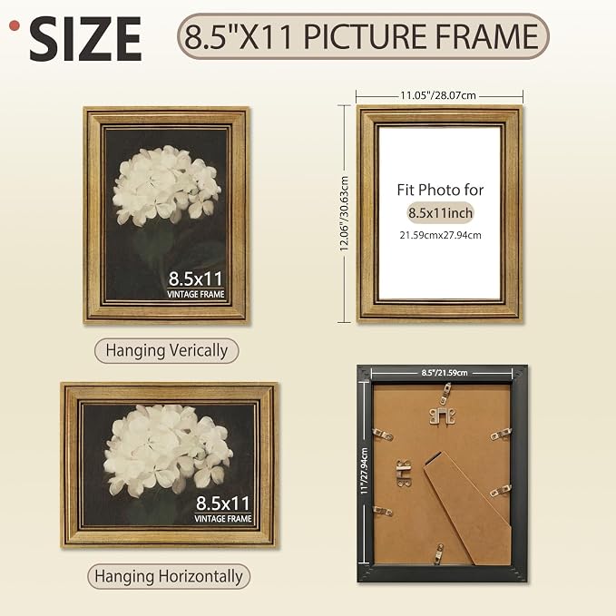 8.5x11 Picture Frame Vintage Gold for Tabletop & Wall Mount | 8.5 x 11 Photo Frame for Living Room, Bedroom, Office Décor & Father's Day Graduation Wedding Gift