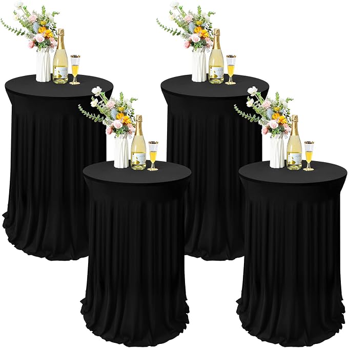 Tegeme 4 Packs Round Spandex Cocktail Tablecloths with Skirt 32 x 43 Inch Cocktail Round Table Cover Spandex Stretch Square Tablecloth Skirt for Table Bar Wedding Party Banquet (Black)