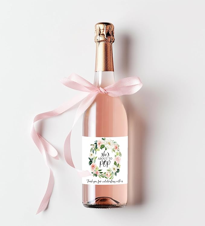 It’s a Girl Mini Champagne Bottle Labels ● SET of 12 ● She’s Ready To POP Baby Shower Favor Label, About to POP Thank You Favors, Pink Baby Shower Gender Reveal Stickers Waterproof (Blossoms)