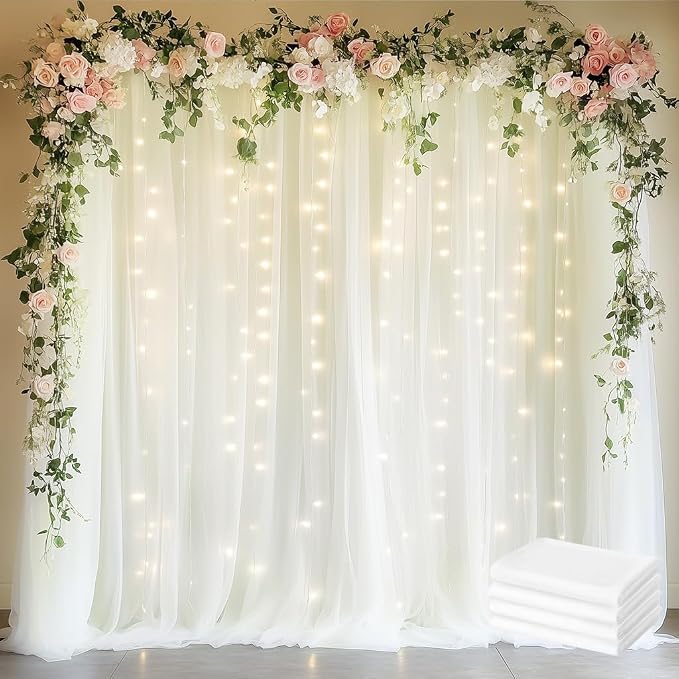 Fomcet Tulle Curtains with Lights String Ivory 20FT X 8FT Sheer Backdrop Curtains for Parties Wedding Baby Shower Photo Shoot Decorations (4 Panels 5x8FT)