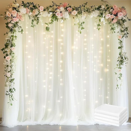 Fomcet Tulle Curtains with Lights String Ivory 20FT X 8FT Sheer Backdrop Curtains for Parties Wedding Baby Shower Photo Shoot Decorations (4 Panels 5x8FT)