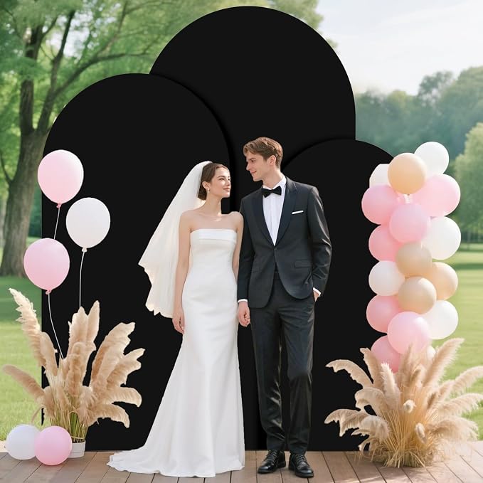 FUHSY Metal Arch Backdrop Stand and Cover Set 6FT, 6.6FT, 7.2FT Black Arch Cover Set of 3 Wedding Backdrop Arch Stands Chiara Arched Frame with Covers for Birthday Party Baby Shower Decor