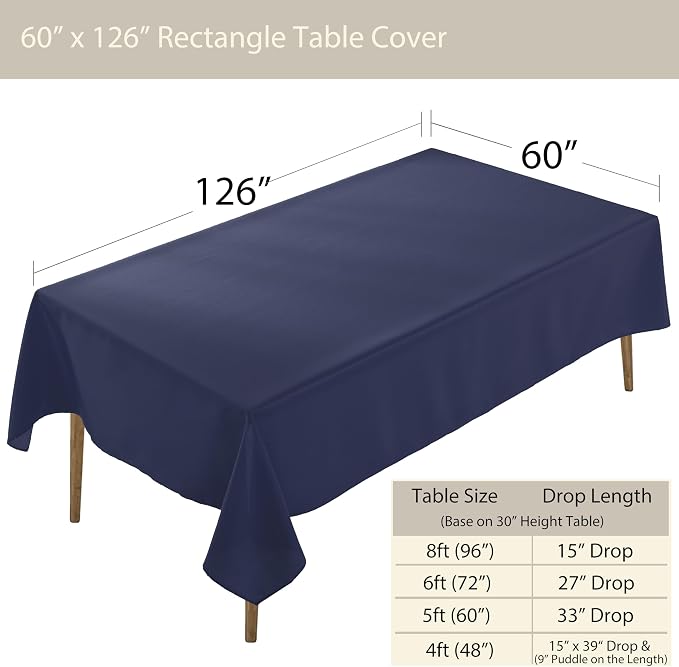 5 Pack Rectangle Tablecloth, 60 x 126 Inch Navy Blue, 8ft Rectangle Table Cloth, Polyester Fabric Washable for Home, Party, Wedding or Restaurant Use