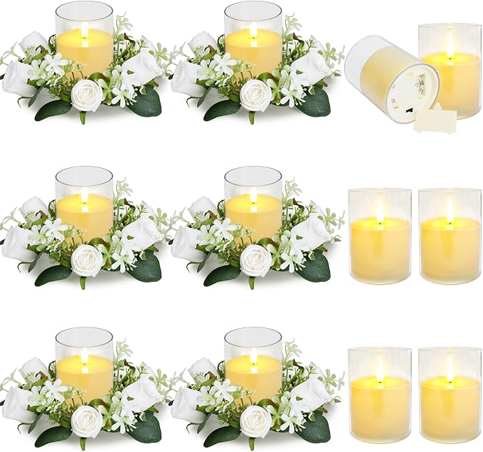 12 PCS Artificial Roses Rings - 3 Inch Roses Flower Wreaths with LED Candles Eucalyptus Pillar Holder Wreath for Wedding Table Centerpiece Home Decorations, White, 6 Sets