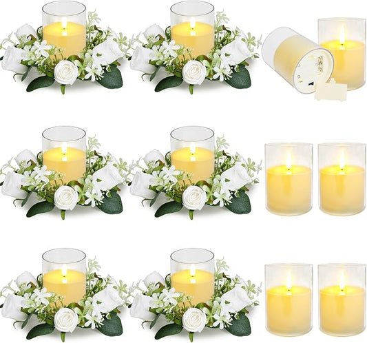 12 PCS Artificial Roses Rings - 3 Inch Roses Flower Wreaths with LED Candles Eucalyptus Pillar Holder Wreath for Wedding Table Centerpiece Home Decorations, White, 6 Sets