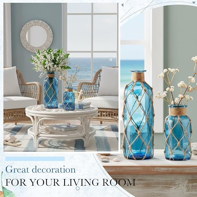 Chuangdi Set of 2 Coastal Glass Vases for Flowers TSITP Flower Vase with Boho Rope Small Sea Glass Jar Nautical Beach Bottle for Wedding Table Centerpieces Floral Arrangement Decor(Navy Blue)