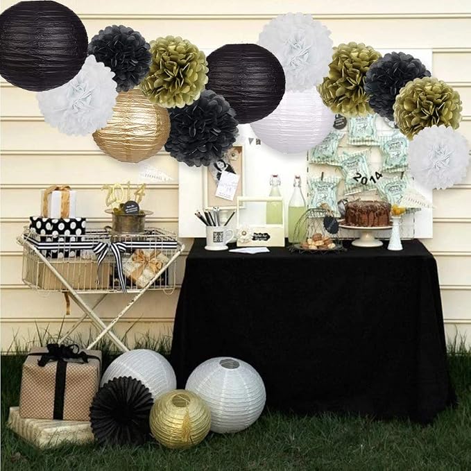 Black Gold Party Decorations, Black Gold Paper Lanterns and Pom Poms Flowers for Birthday Graduation Masquerade New Years Party Decor 15 Pieces