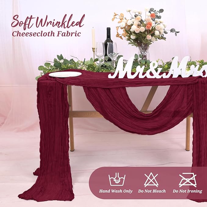 10 Pack Cheesecloth Table Runner Burgundy, Rustic Boho Gauze Fabric Table Runner Romantic Table Runner for Wedding, Festival, Birthday, Anniversary, Dinner and Outdoor Events (17.7 x 108 inch)