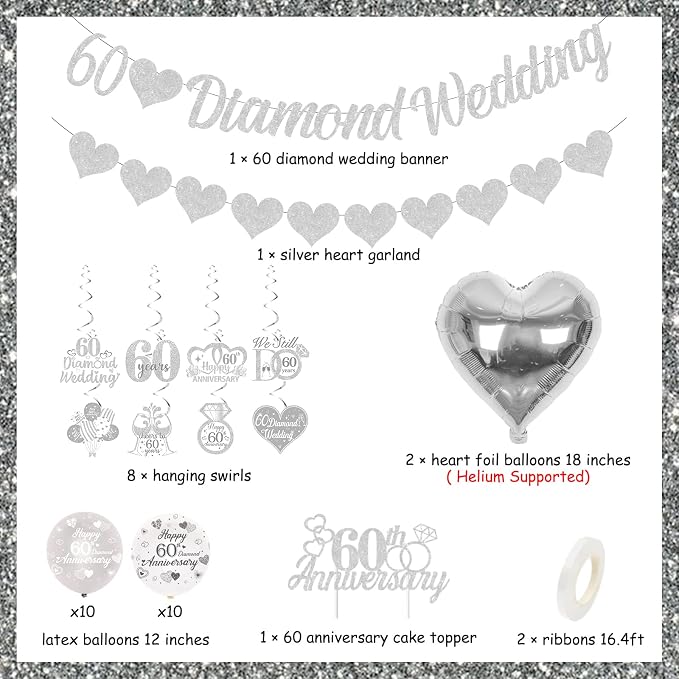 60th Diamond Wedding Anniversary Decorations, Glitter Banner, Cake Topper, Hanging Swirl, Silver Heart-shaped Love Foil Balloons, Festival Celebration Party Supplies Sets
