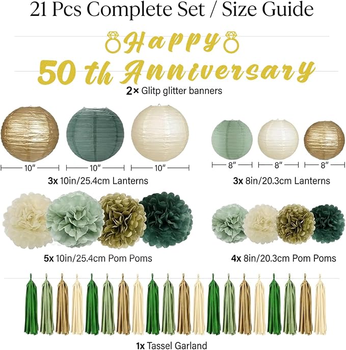 50th Anniversary Decorations, 21PCS Happy 50th Anniversary Party Banners Pompoms Paper Lanterns Tassels Decor Set, Cheers to 50 Years Wedding Celebration Party Supplies for Dad Mom