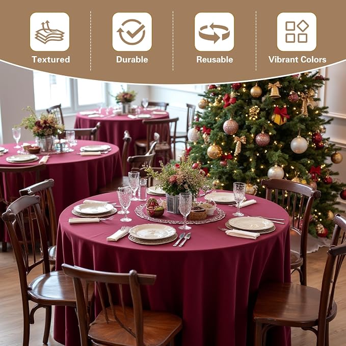 sancua 90 Inch Round Tablecloth, 8 Pack Burgundy - Circle Polyester Fabric Table Cloth for Christmas Party Reception Banquet Birthday, Washable Formal Table Cover (Fit 30-72 Inch Tables)