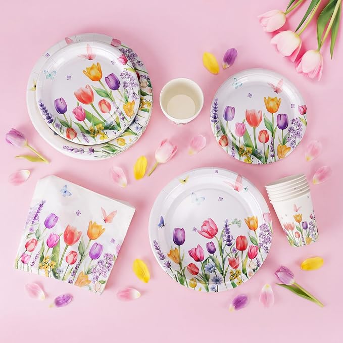 Ziliny 250 Pcs Floral Party Decorations Include Lavender Tulip Butterfly Paper Plates Napkins and Cups for Easter Summer Spring Wildflower Baby Shower Tea Decorations, Serve 50 Guest